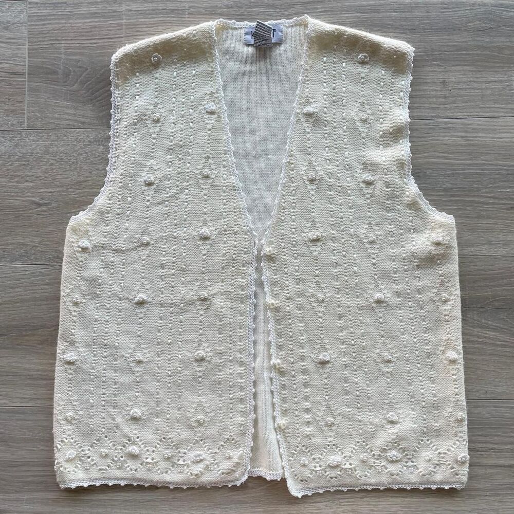 Koret Ivory Beaded Sweater Vest Women's Medium Glam Granny Bridal Ribbon Cottage